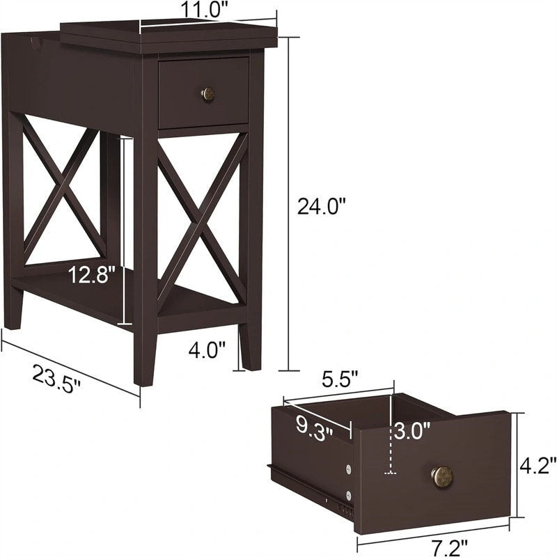 Table d'appoint à plateau relevable en X avec tiroir et étagère ouverte, blanc