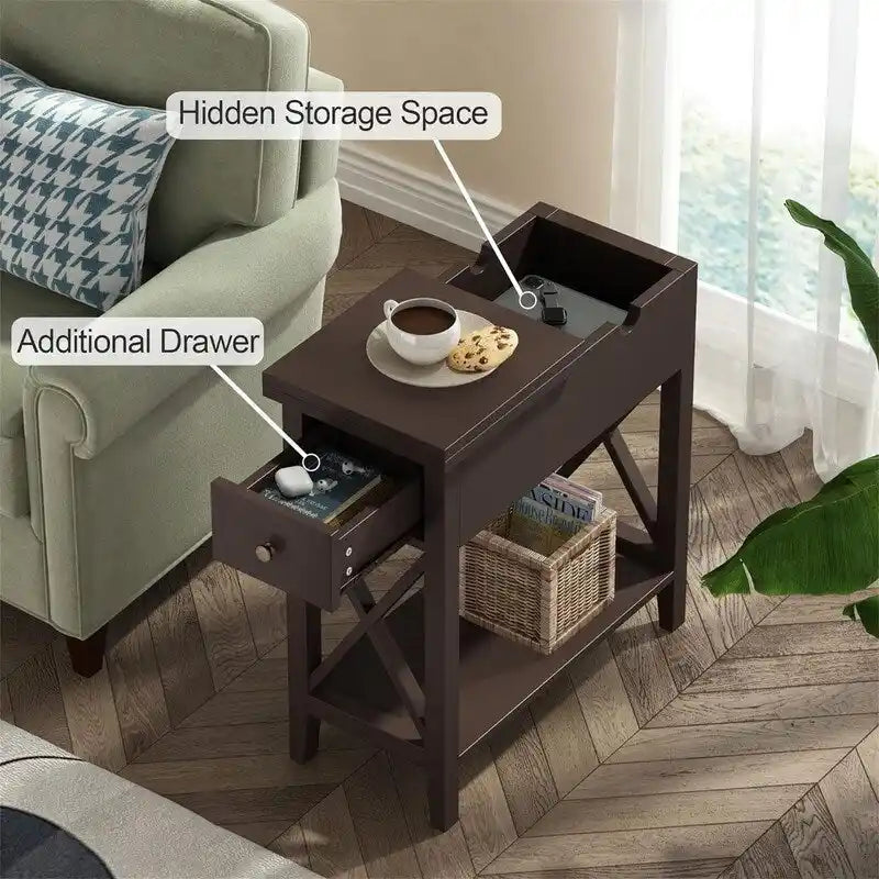 Table d'appoint à plateau relevable en X avec tiroir et étagère ouverte, blanc