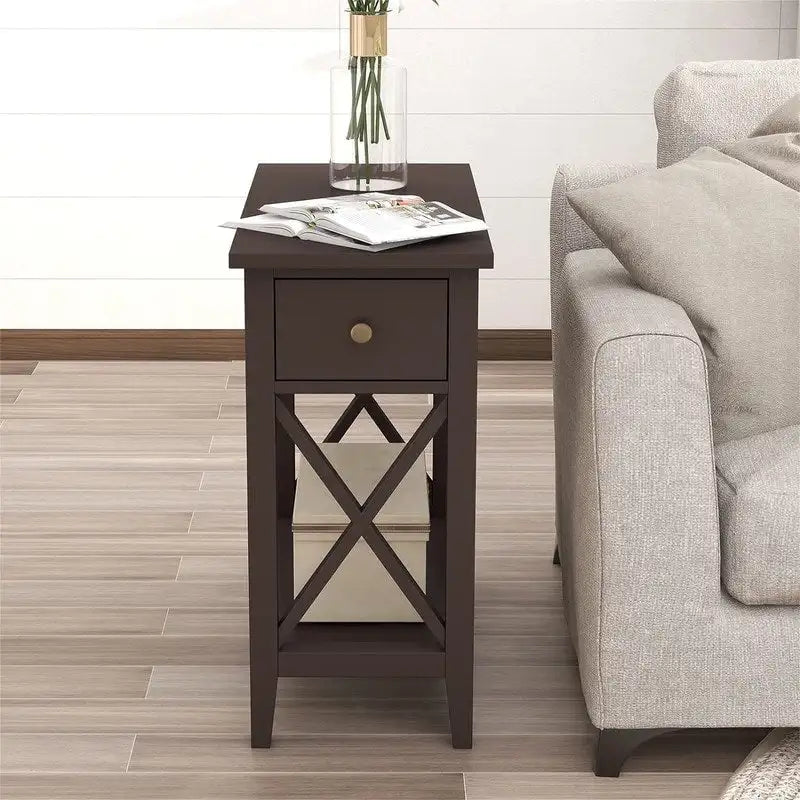 Table d'appoint à plateau relevable en X avec tiroir et étagère ouverte, blanc