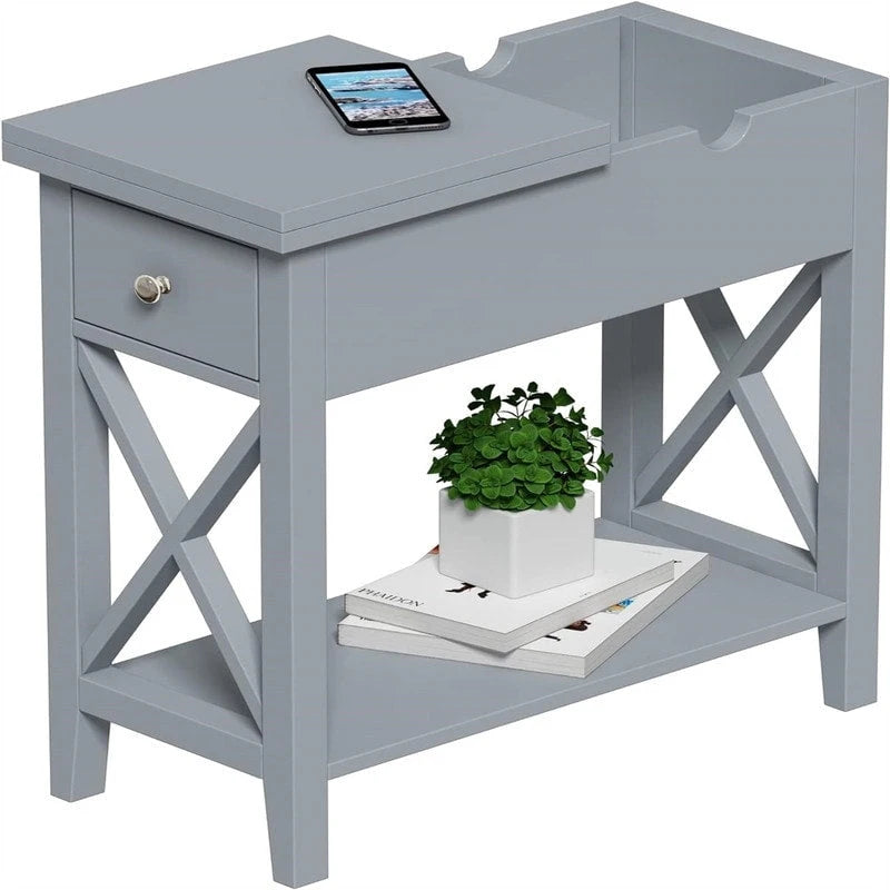 Table d'appoint à plateau relevable en X avec tiroir et étagère ouverte, blanc