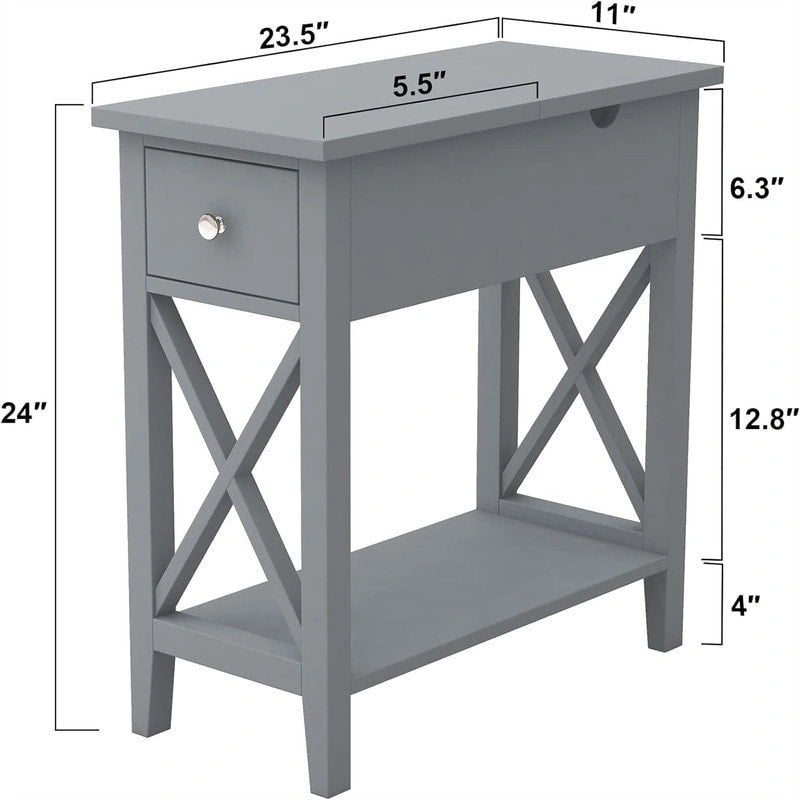 Table d'appoint à plateau relevable en X avec tiroir et étagère ouverte, blanc