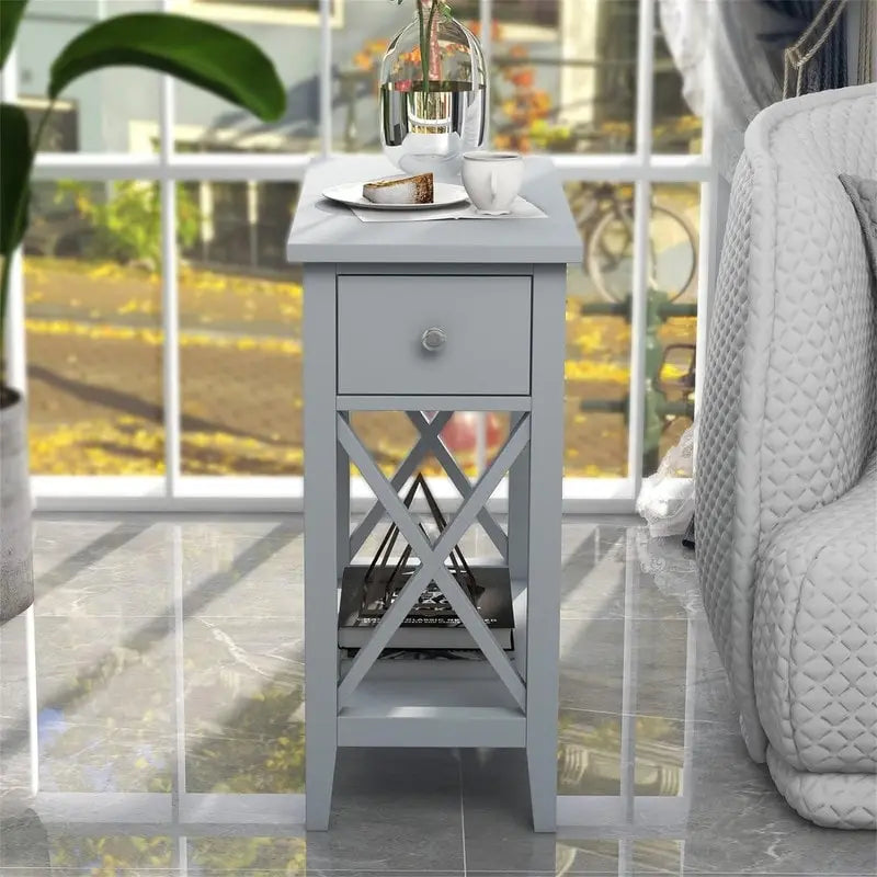Table d'appoint à plateau relevable en X avec tiroir et étagère ouverte, blanc