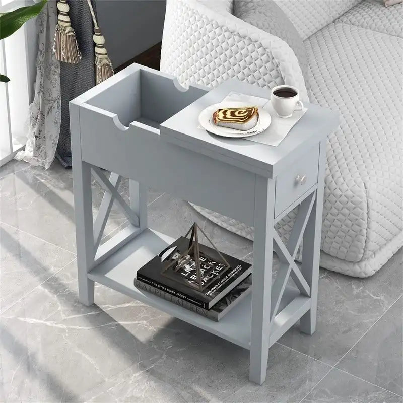 Table d'appoint à plateau relevable en X avec tiroir et étagère ouverte, blanc