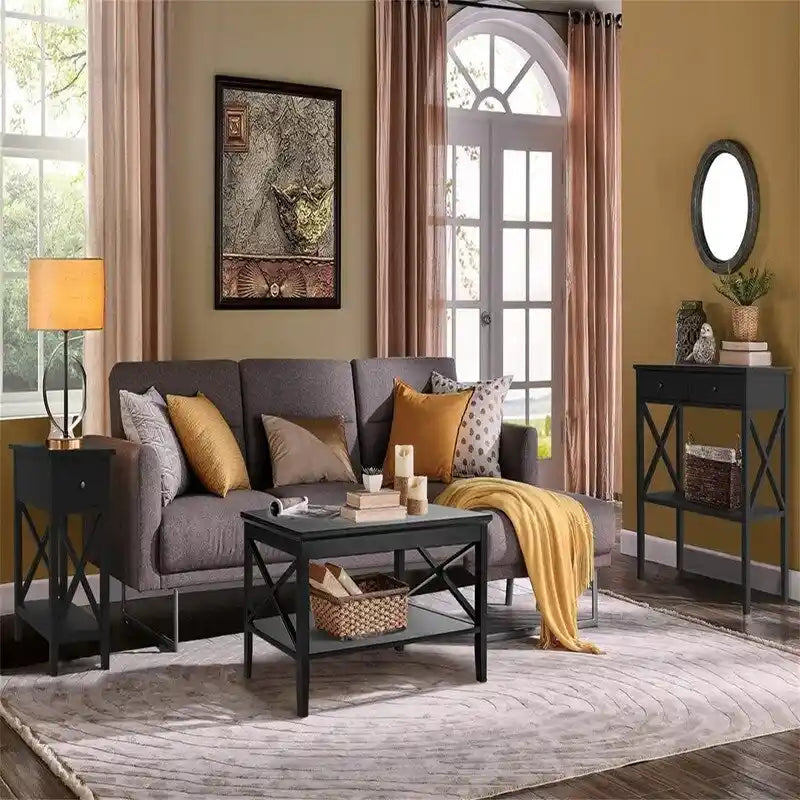 Table d'appoint à plateau relevable en X avec tiroir et étagère ouverte, blanc