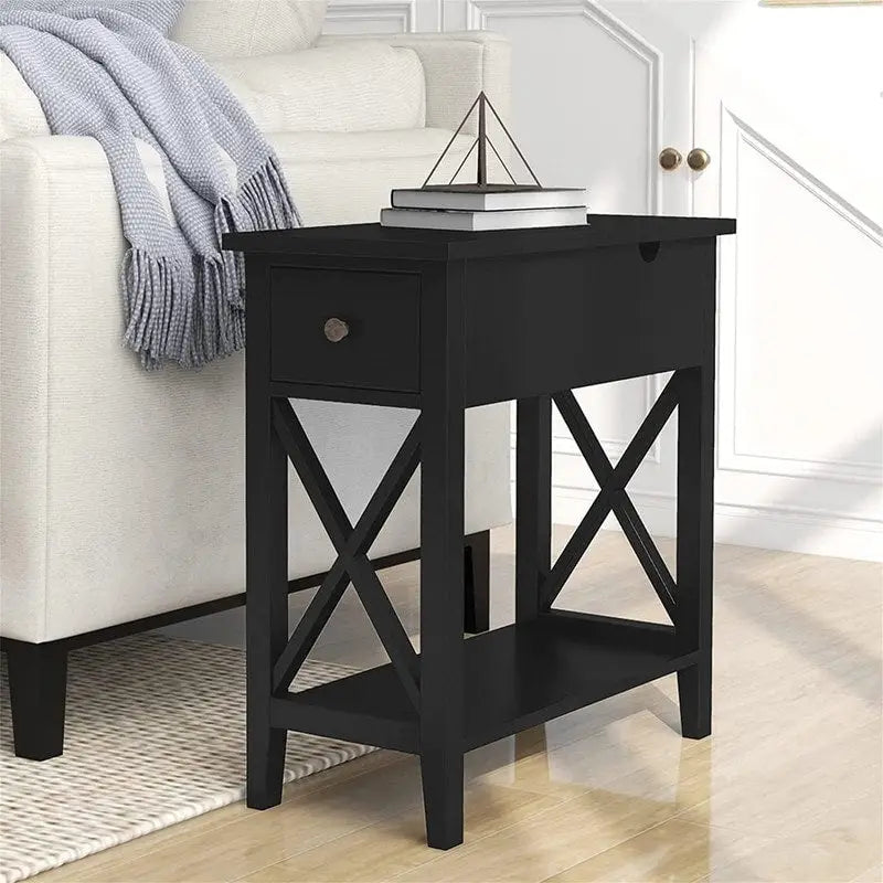 Table d'appoint à plateau relevable en X avec tiroir et étagère ouverte, blanc