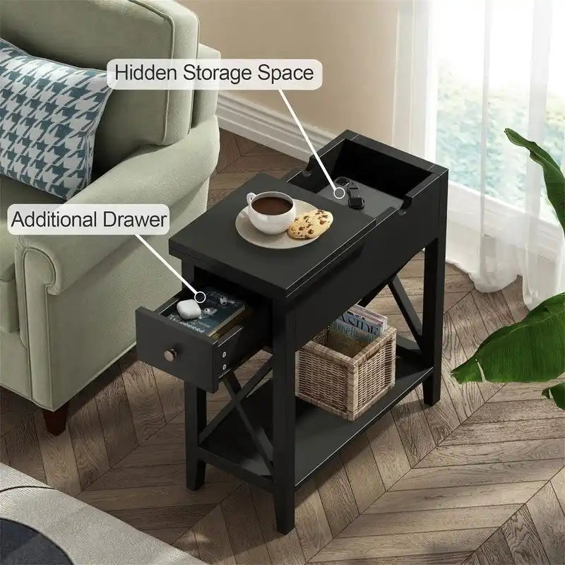 Table d'appoint à plateau relevable en X avec tiroir et étagère ouverte, blanc