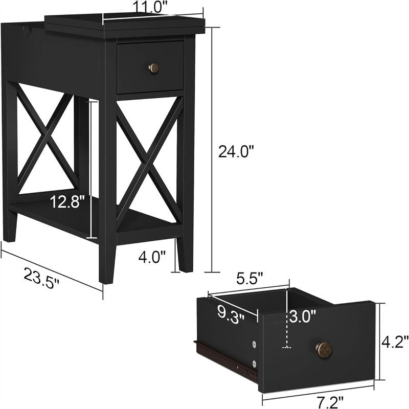 Table d'appoint à plateau relevable en X avec tiroir et étagère ouverte, blanc