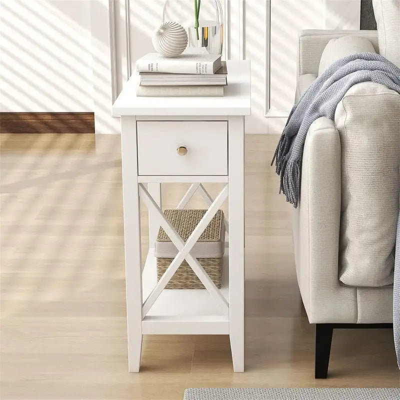Table d'appoint à plateau relevable en X avec tiroir et étagère ouverte, blanc