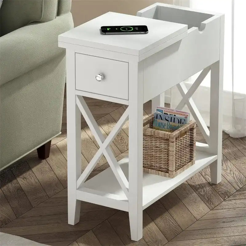 Table d'appoint à plateau relevable en X avec tiroir et étagère ouverte, blanc