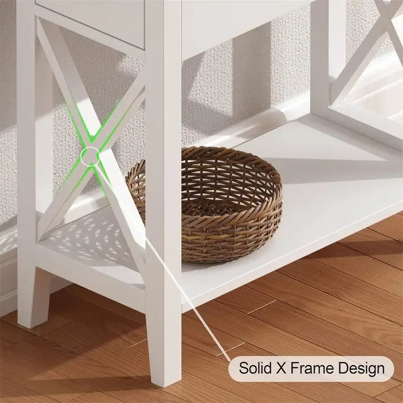 Table d'appoint à plateau relevable en X avec tiroir et étagère ouverte, blanc