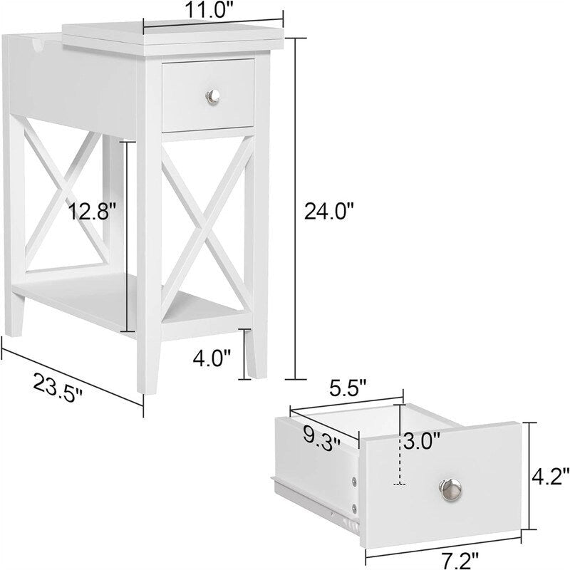 Table d'appoint à plateau relevable en X avec tiroir et étagère ouverte, blanc