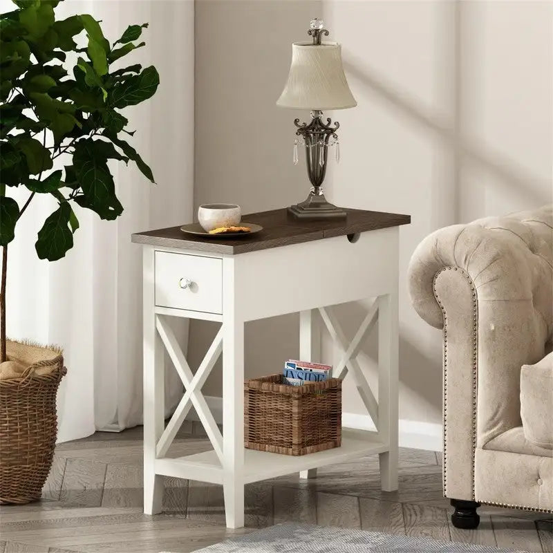 Table d'appoint à plateau relevable en X avec tiroir et étagère ouverte, blanc