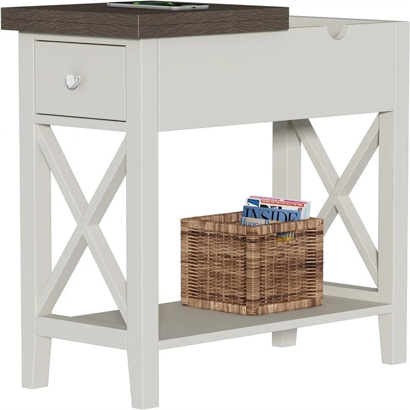 Table d'appoint à plateau relevable en X avec tiroir et étagère ouverte, blanc