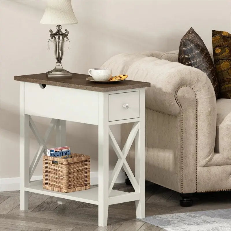 Table d'appoint à plateau relevable en X avec tiroir et étagère ouverte, blanc