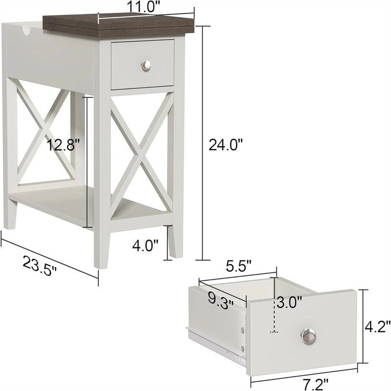 Table d'appoint à plateau relevable en X avec tiroir et étagère ouverte, blanc