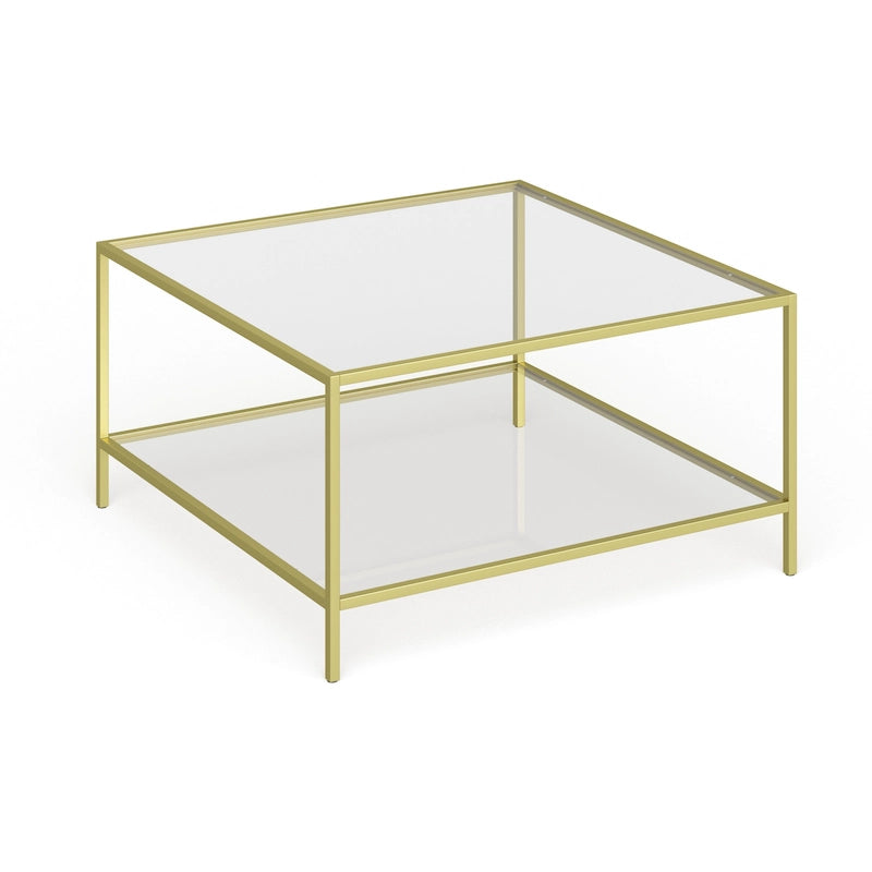 Table basse carrée en verre trempé avec cadre en métal et étagère inférieure