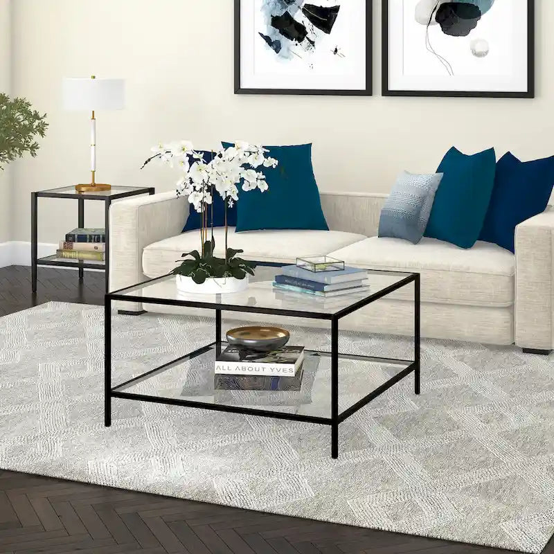 Table basse carrée en verre trempé avec cadre en métal et étagère inférieure