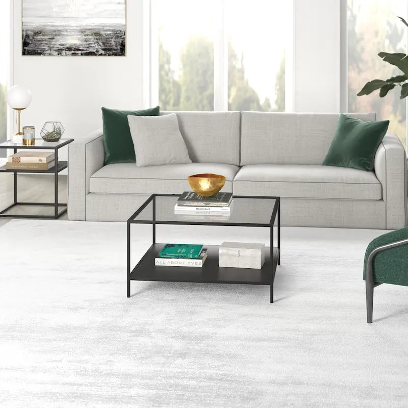 Table basse carrée en verre trempé avec cadre en métal et étagère inférieure