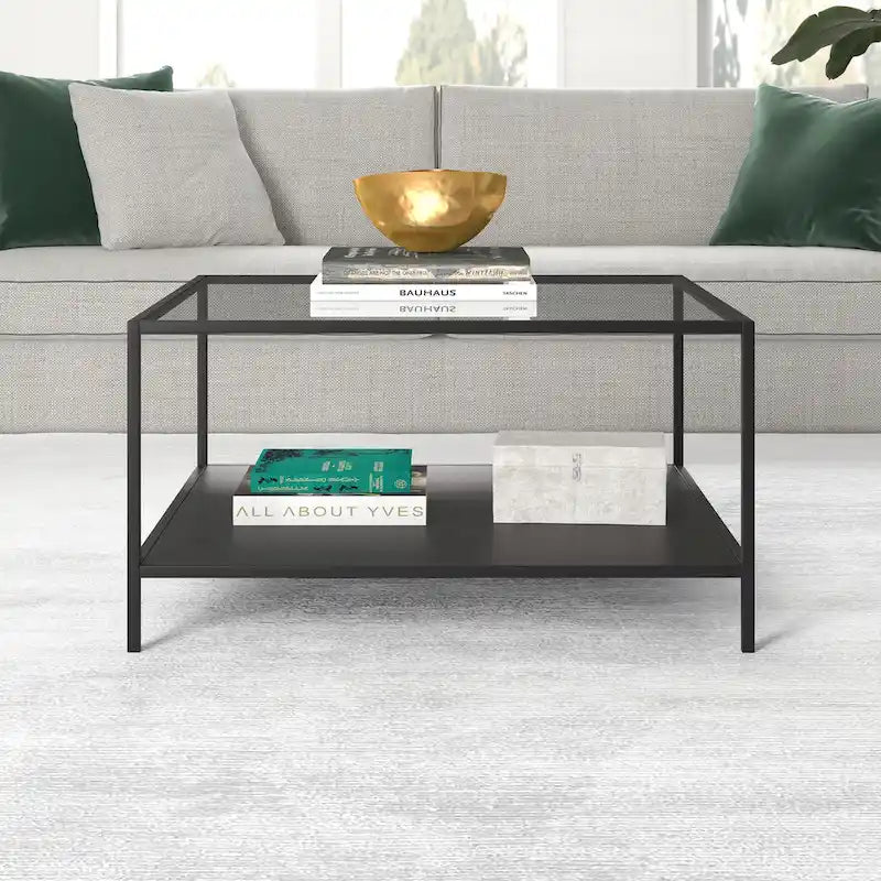 Table basse carrée en verre trempé avec cadre en métal et étagère inférieure