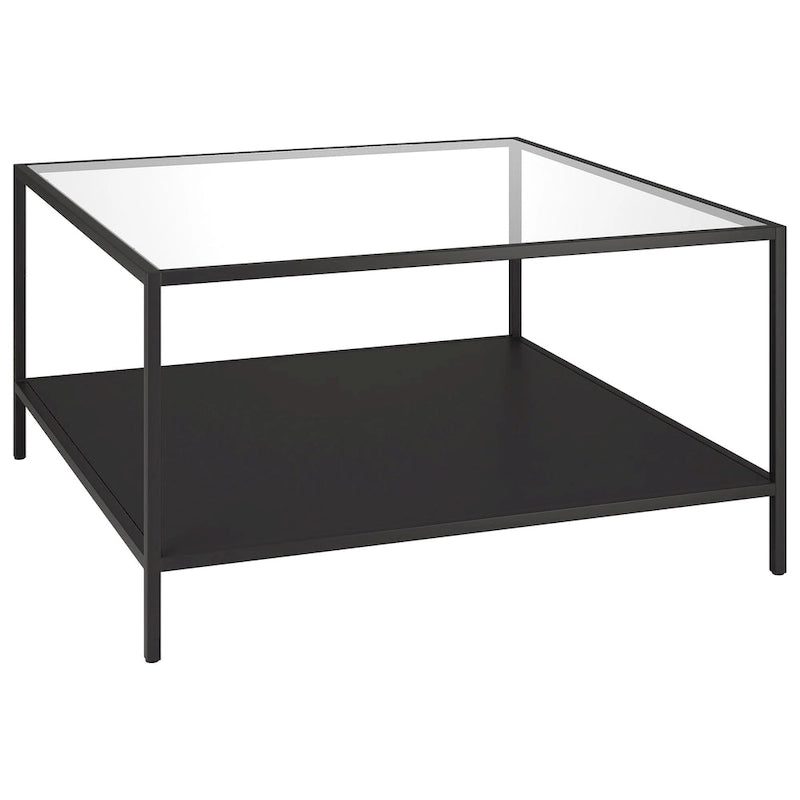 Table basse carrée en verre trempé avec cadre en métal et étagère inférieure
