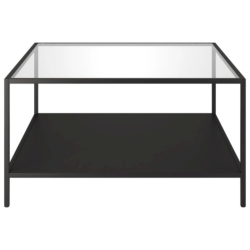 Table basse carrée en verre trempé avec cadre en métal et étagère inférieure
