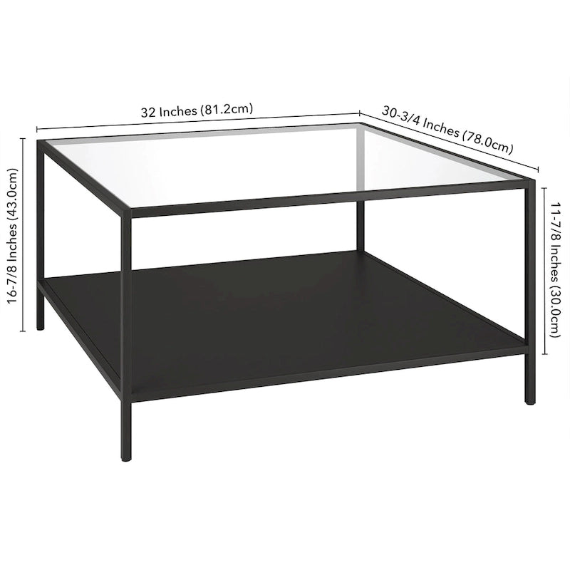 Table basse carrée en verre trempé avec cadre en métal et étagère inférieure