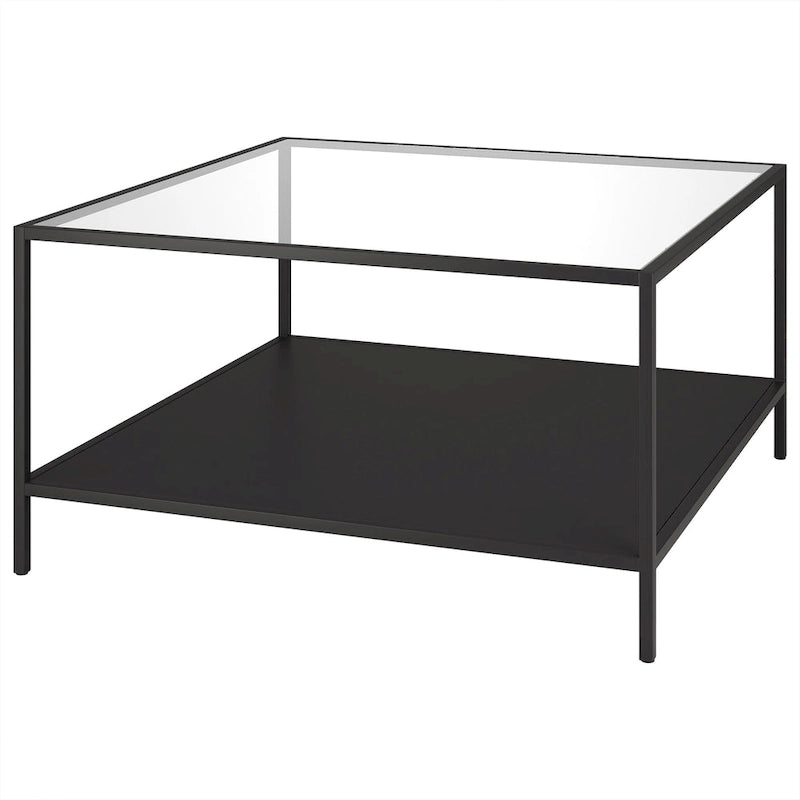 Table basse carrée en verre trempé avec cadre en métal et étagère inférieure