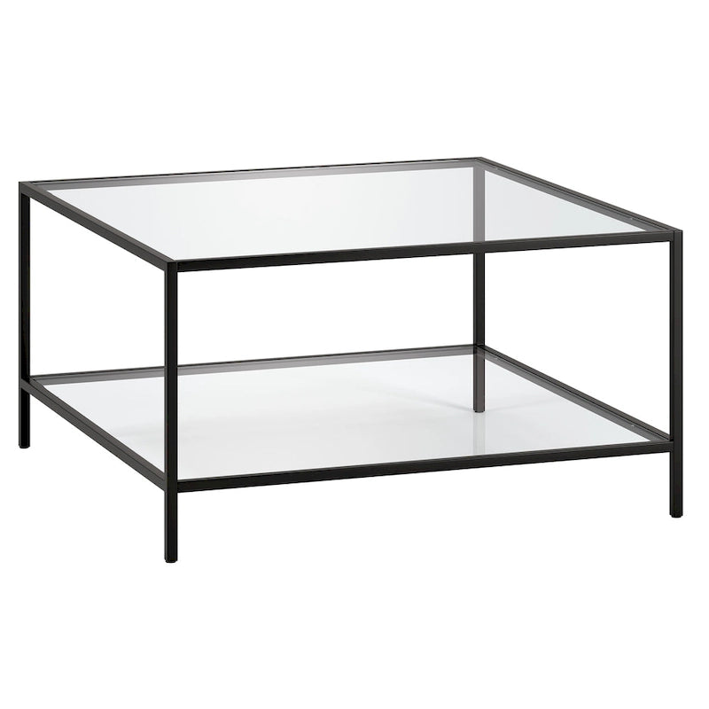 Table basse carrée en verre trempé avec cadre en métal et étagère inférieure