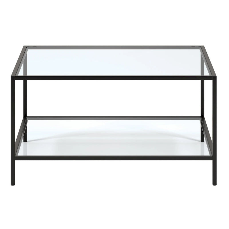 Table basse carrée en verre trempé avec cadre en métal et étagère inférieure