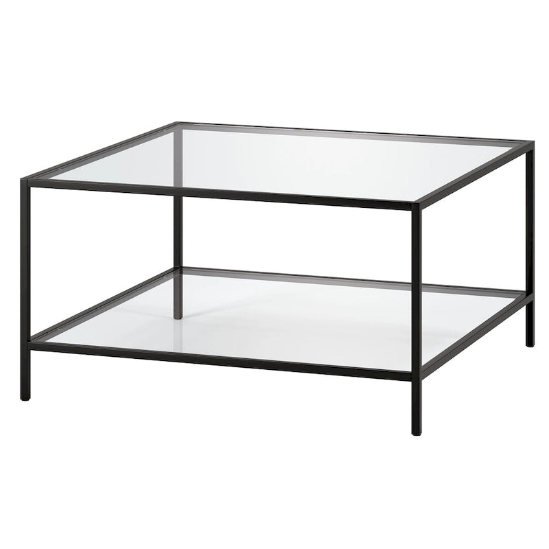Table basse carrée en verre trempé avec cadre en métal et étagère inférieure