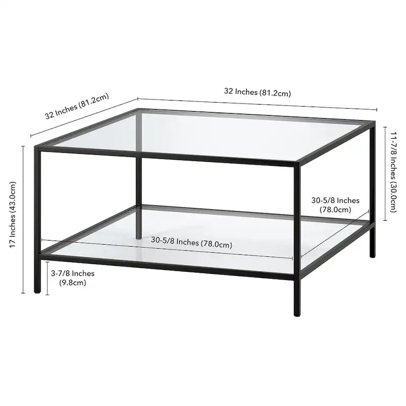 Table basse carrée en verre trempé avec cadre en métal et étagère inférieure