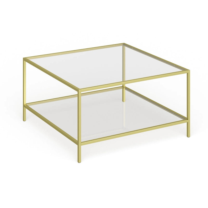 Table basse carrée en verre trempé avec cadre en métal et étagère inférieure