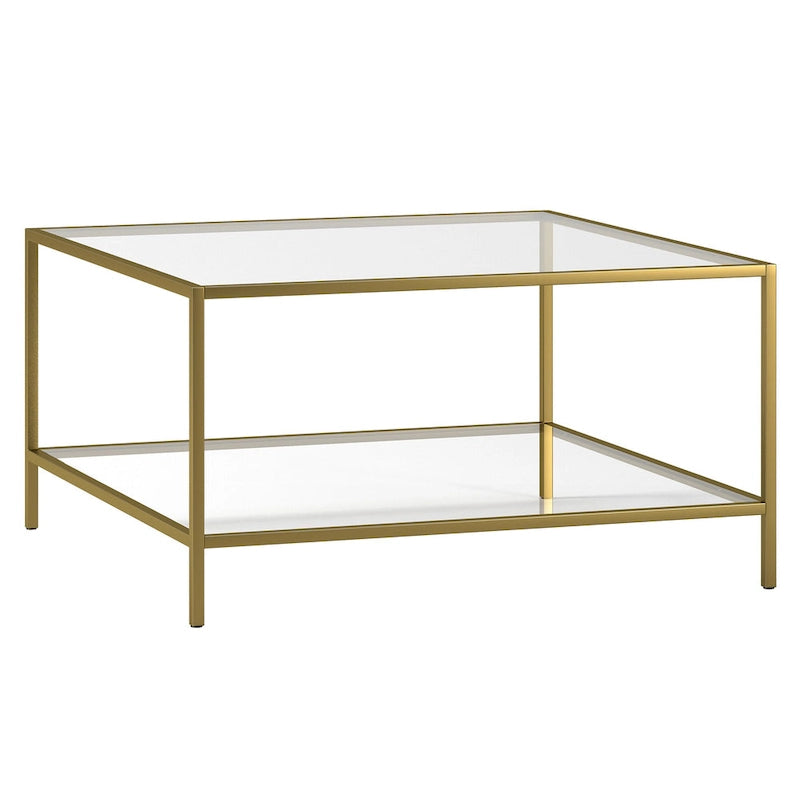 Table basse carrée en verre trempé avec cadre en métal et étagère inférieure