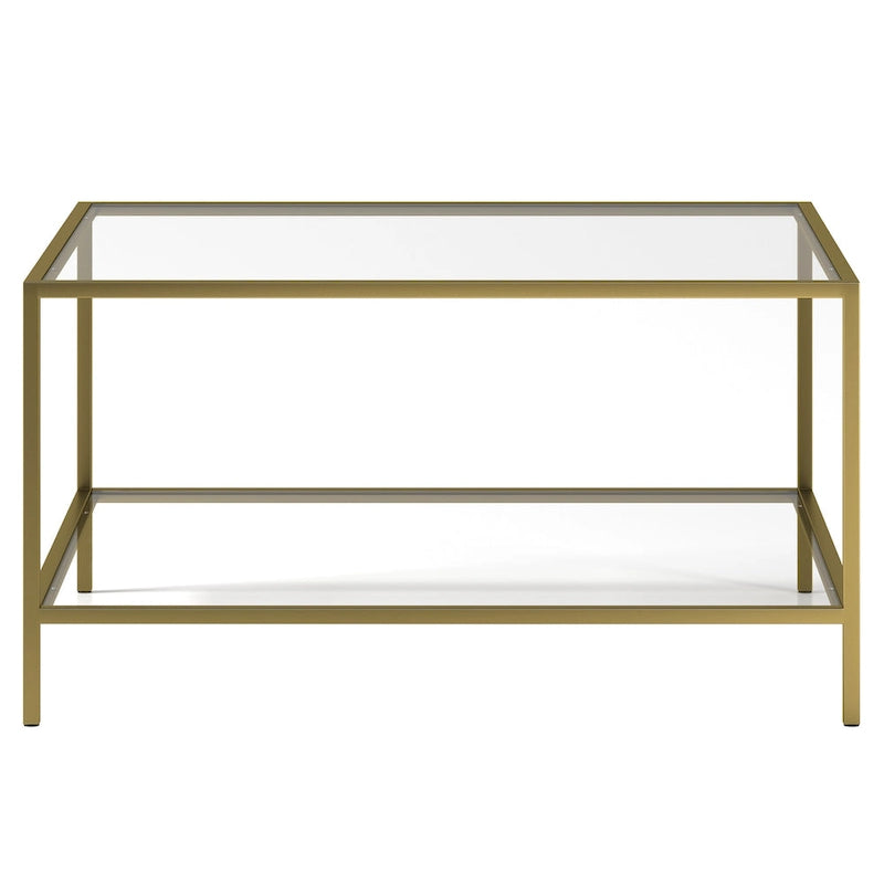 Table basse carrée en verre trempé avec cadre en métal et étagère inférieure