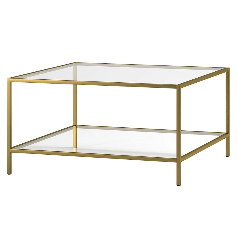 Table basse carrée en verre trempé avec cadre en métal et étagère inférieure