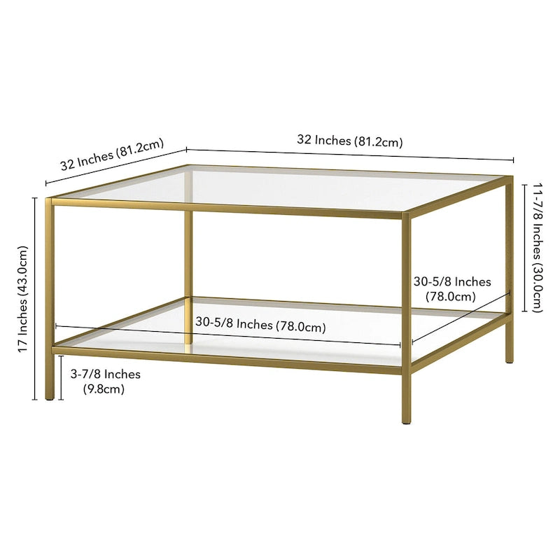 Table basse carrée en verre trempé avec cadre en métal et étagère inférieure
