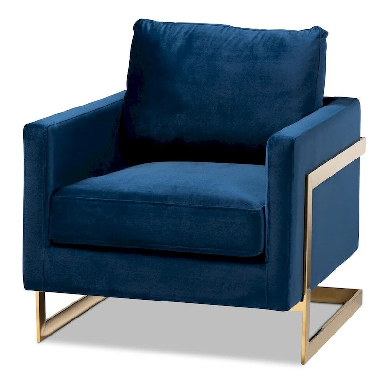 Fauteuil d'appoint rembourré en velours gris bleu marine glamour, piétement en acier inoxydable doré