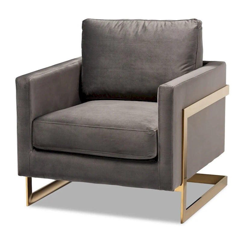 Fauteuil d'appoint rembourré en velours gris bleu marine glamour, piétement en acier inoxydable doré