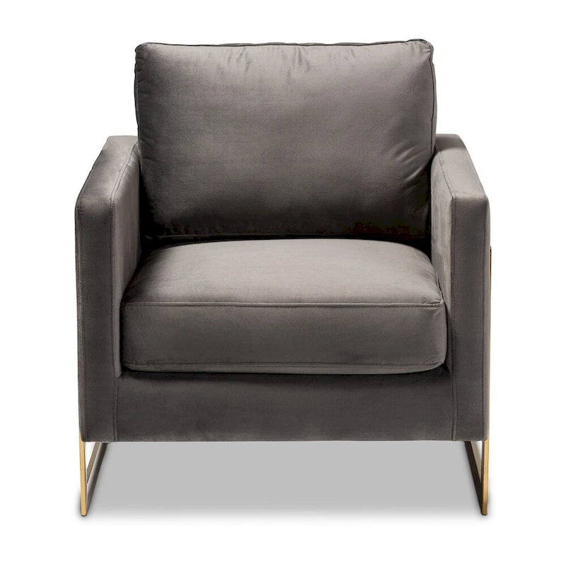 Fauteuil d'appoint rembourré en velours gris bleu marine glamour, piétement en acier inoxydable doré