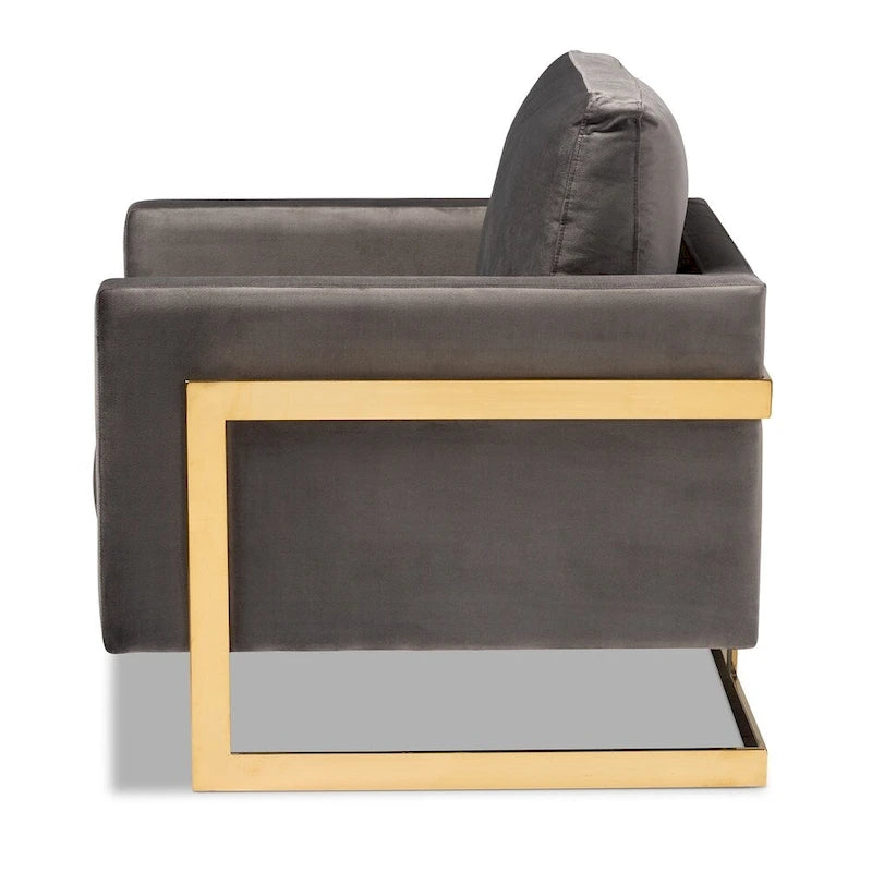 Fauteuil d'appoint rembourré en velours gris bleu marine glamour, piétement en acier inoxydable doré
