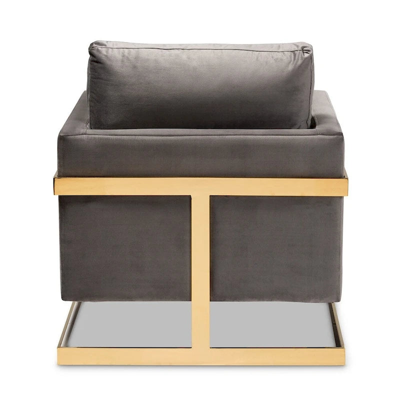 Fauteuil d'appoint rembourré en velours gris bleu marine glamour, piétement en acier inoxydable doré