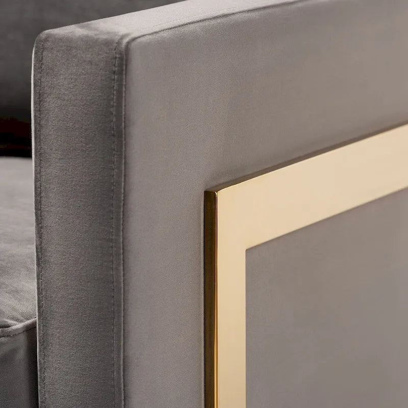 Fauteuil d'appoint rembourré en velours gris bleu marine glamour, piétement en acier inoxydable doré