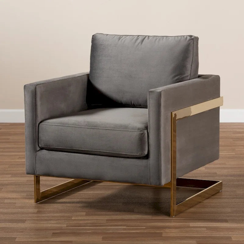 Fauteuil d'appoint rembourré en velours gris bleu marine glamour, piétement en acier inoxydable doré