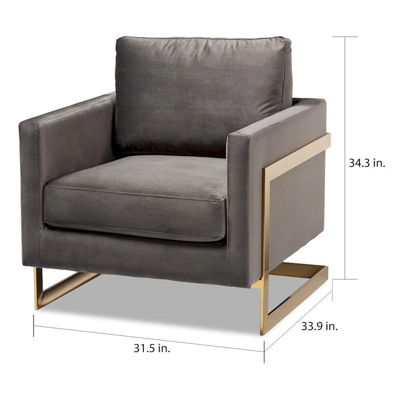 Fauteuil d'appoint rembourré en velours gris bleu marine glamour, piétement en acier inoxydable doré