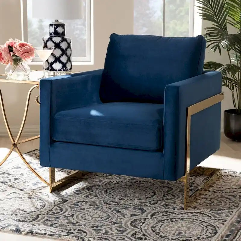 Fauteuil d'appoint rembourré en velours gris bleu marine glamour, piétement en acier inoxydable doré