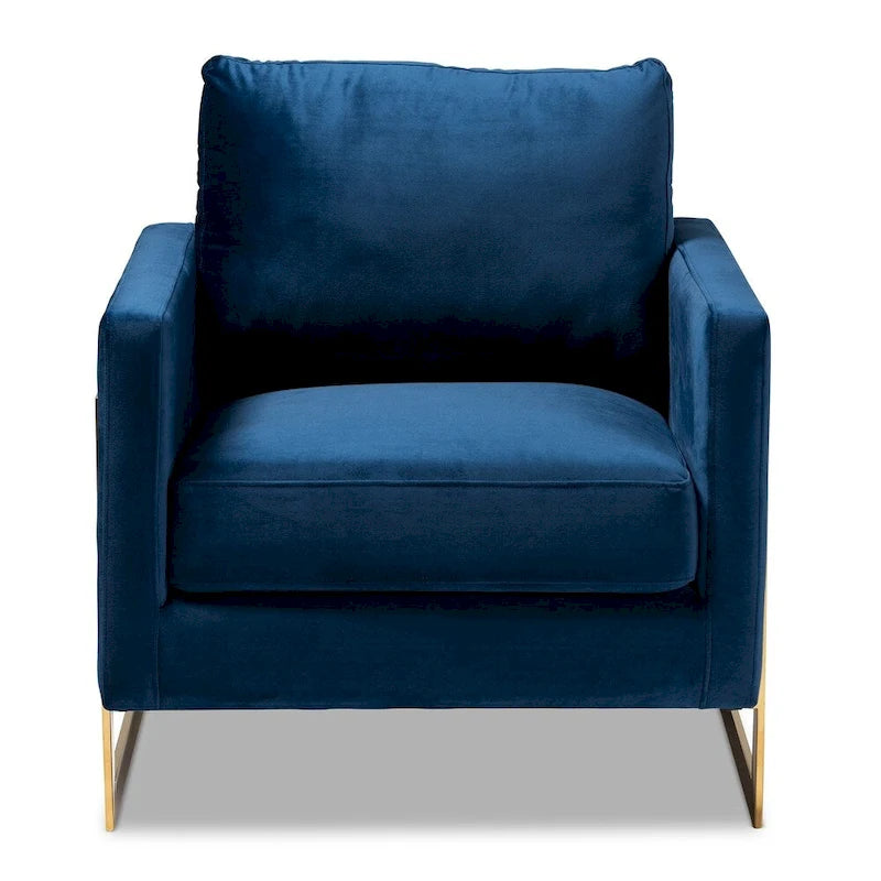 Fauteuil d'appoint rembourré en velours gris bleu marine glamour, piétement en acier inoxydable doré