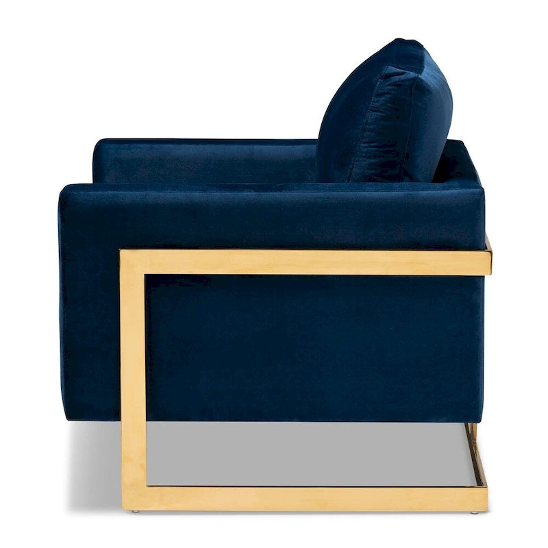 Fauteuil d'appoint rembourré en velours gris bleu marine glamour, piétement en acier inoxydable doré