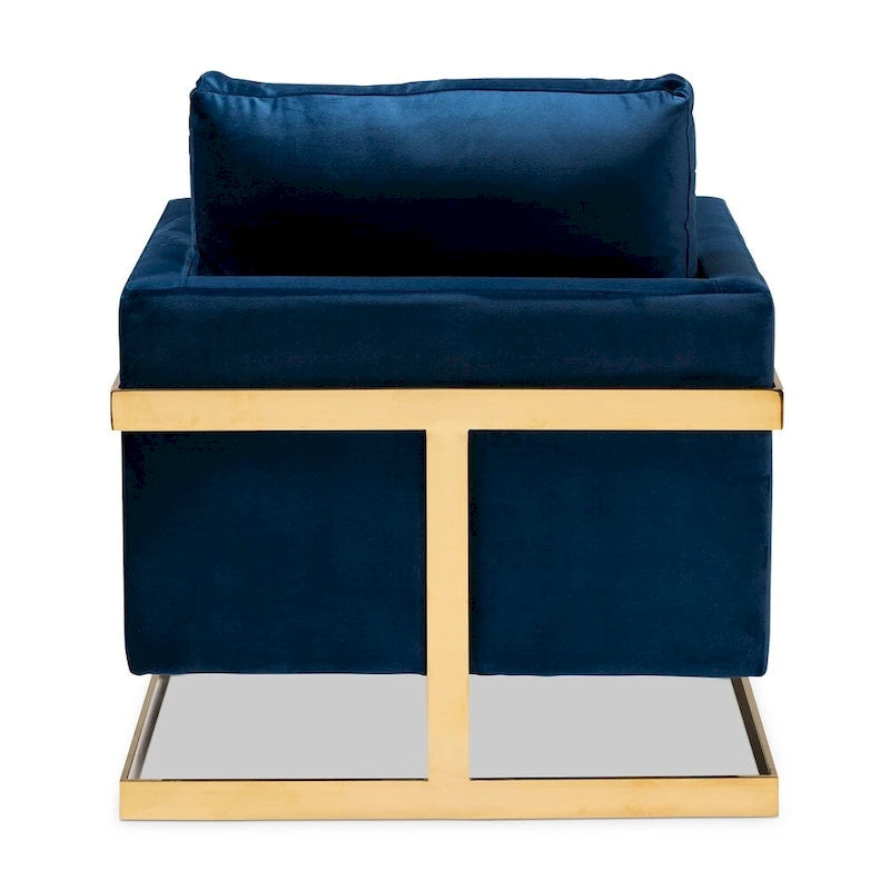 Fauteuil d'appoint rembourré en velours gris bleu marine glamour, piétement en acier inoxydable doré