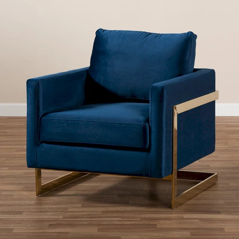 Fauteuil d'appoint rembourré en velours gris bleu marine glamour, piétement en acier inoxydable doré