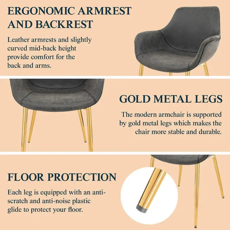 Fauteuil de salle à manger moderne en cuir vieilli avec pieds en fer thermolaqué